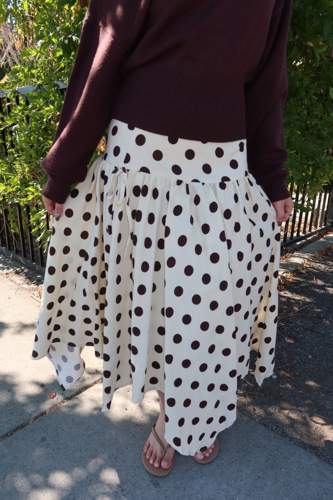 Cielo Polka Dot Drop Waist Midi Skirt