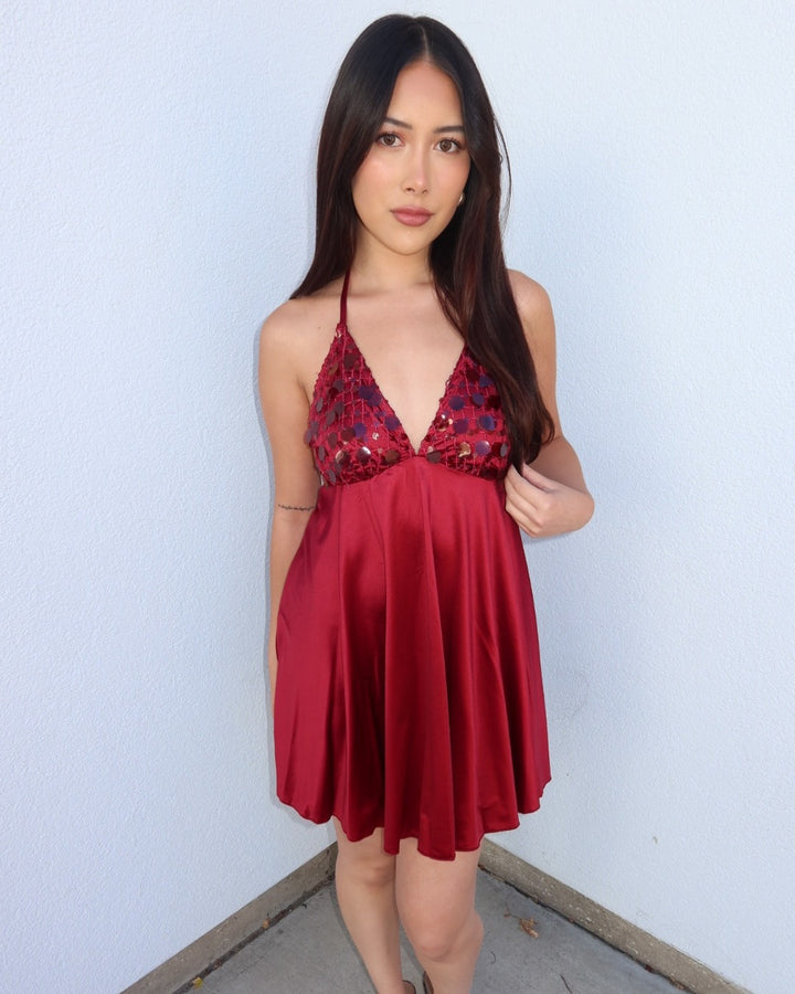 Sylvia Sequin Satin Halter Mini Dress - Burgundy