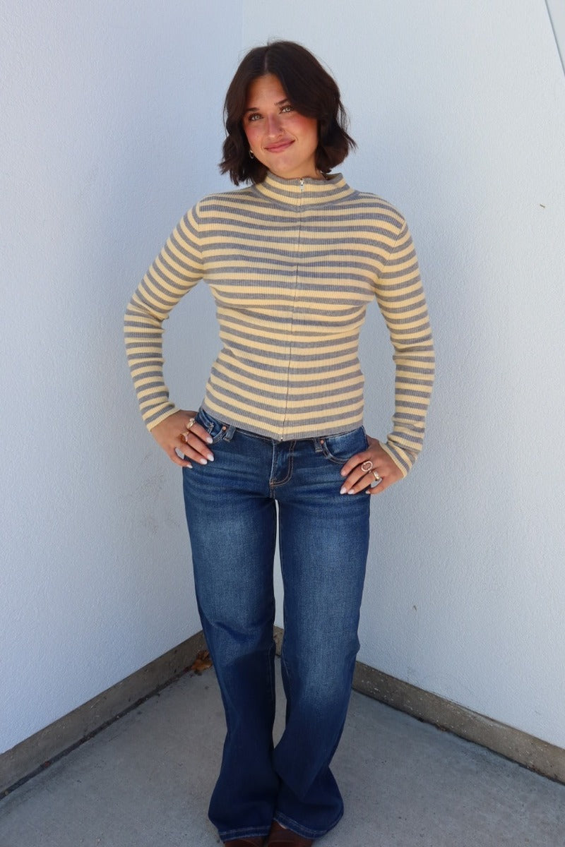 Flinn Striped Funnel Neck Zip-Up Sweater