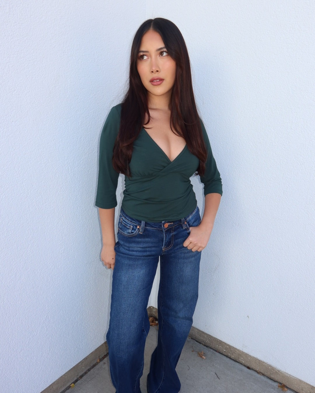 Mia Surplice V-Neck Knit Top - Green