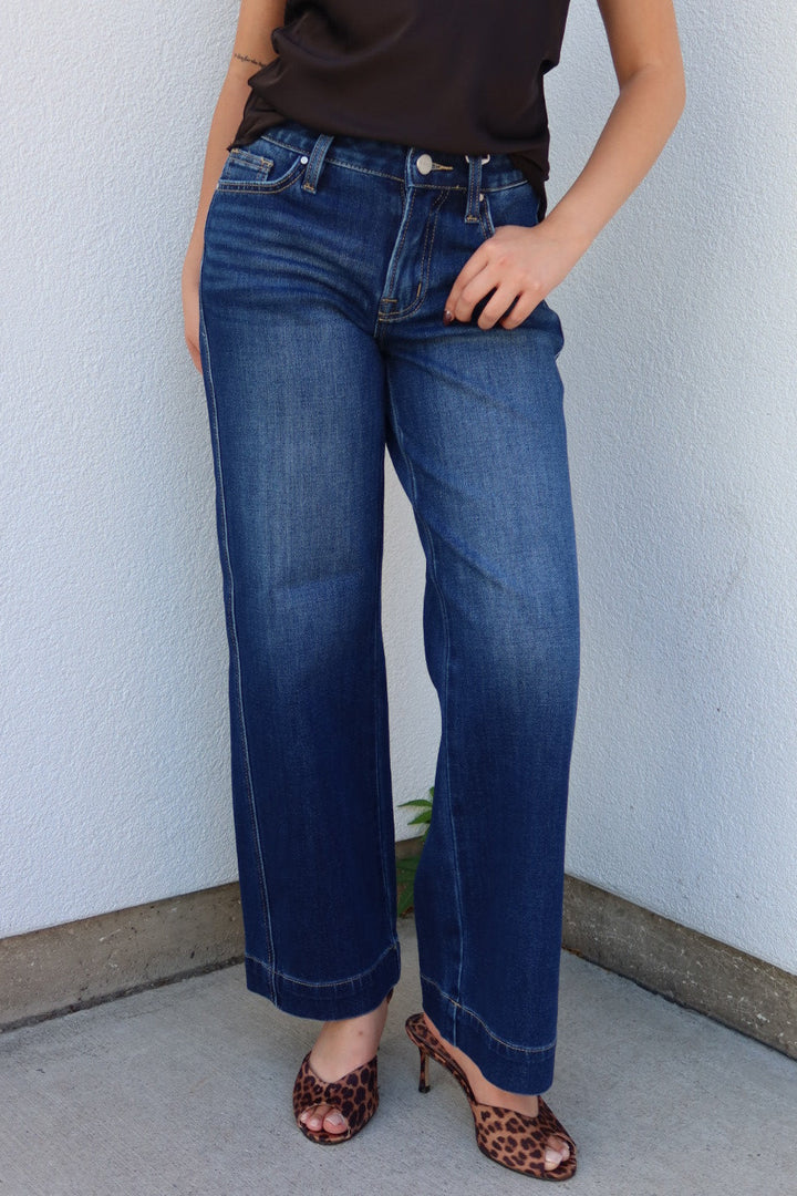Risen Mid Rise Ankle Wide Leg Jeans - Dark Wash