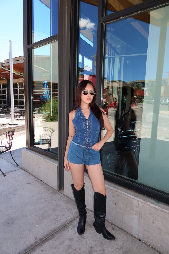 The Moto Lace-Up Denim Top