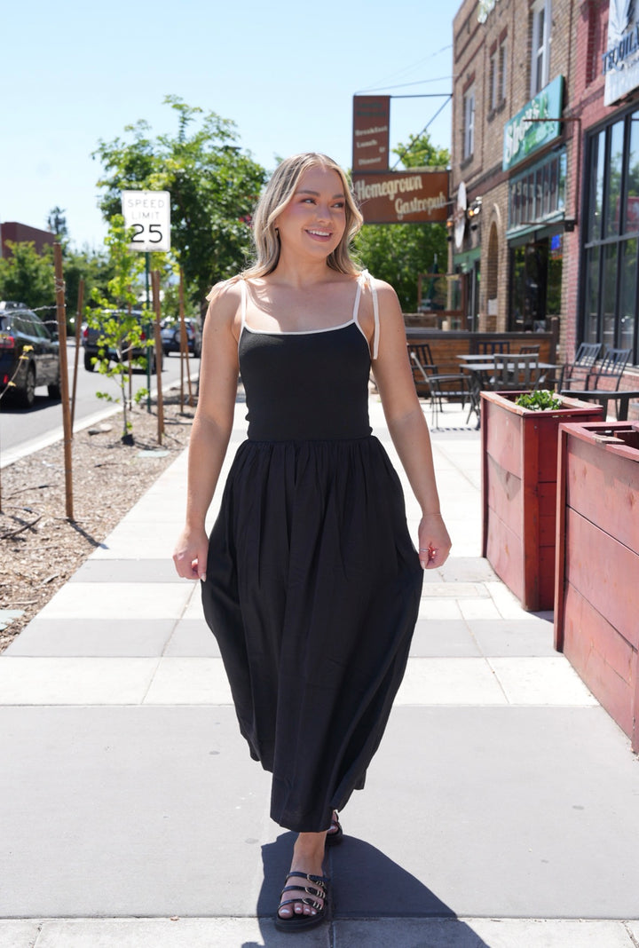 Contrast Tie Strap Knit Bodice Midi Dress