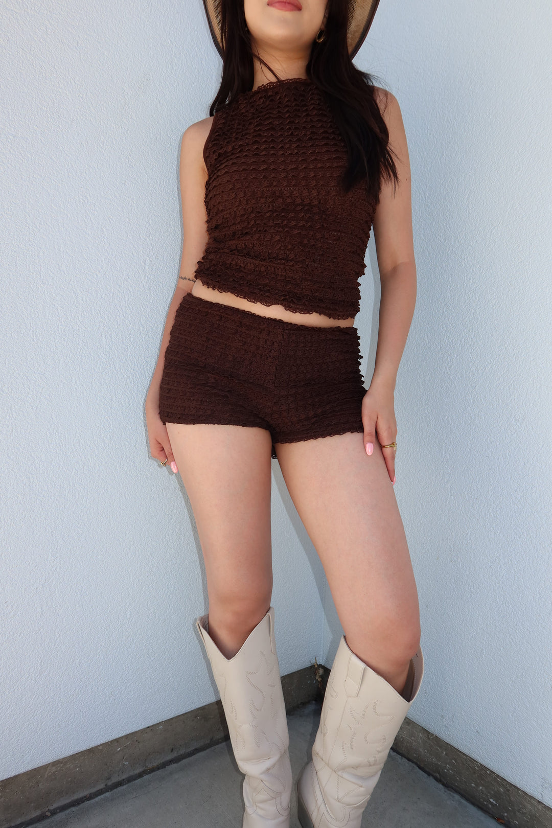 Lula Chocolate Brown Tiered Ruffle Lace Low Rise Micro Shorts