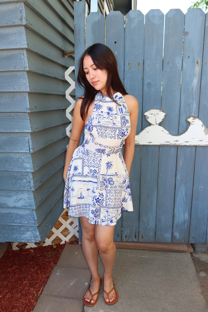 Capri Palm Print Halter Mini Dress