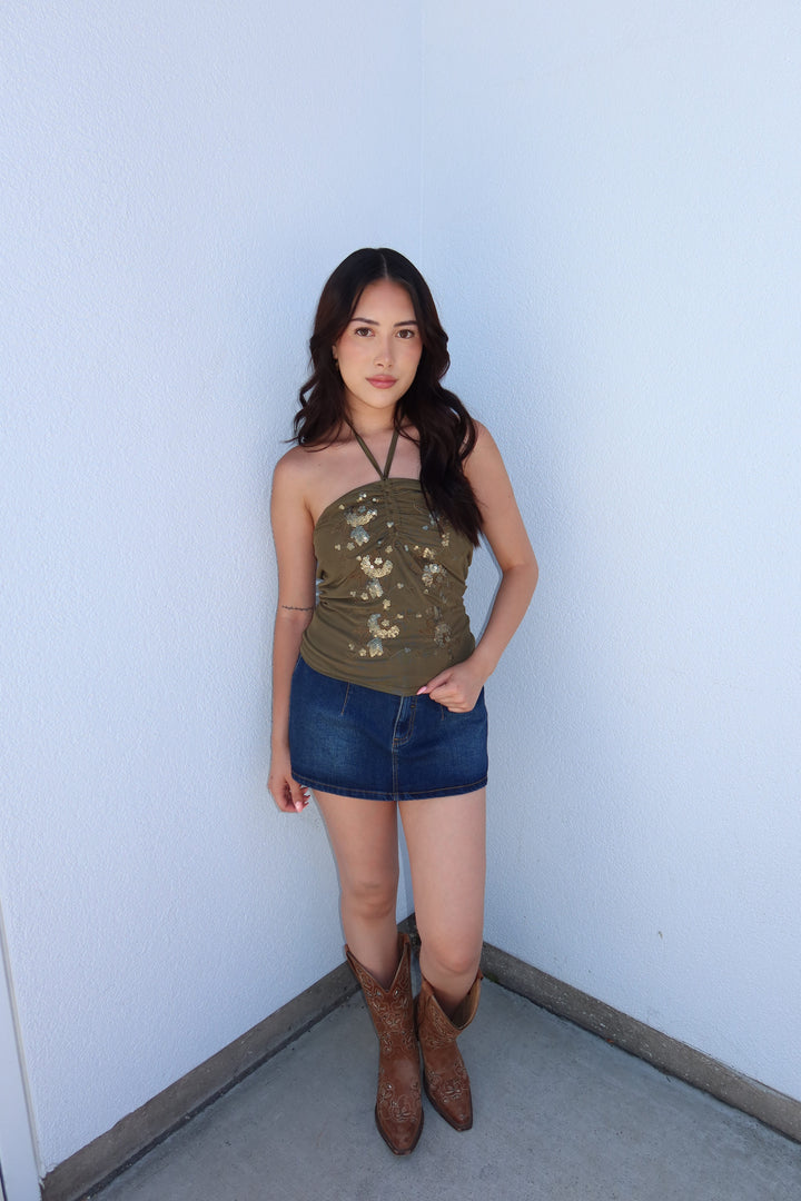 The Kezia Sequin Mesh Halter Top