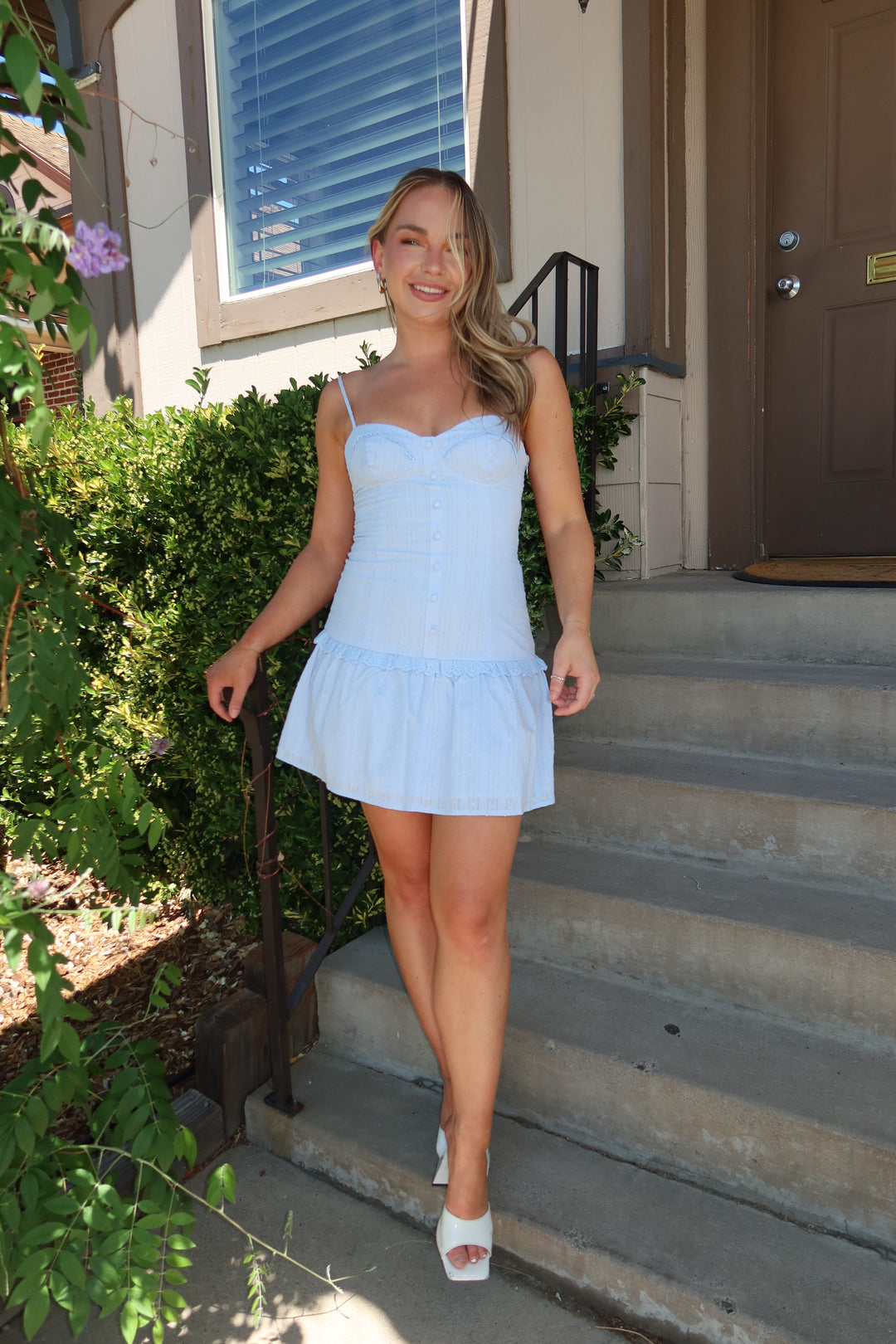 The Blue Eyelet Drop Waist Mini Dress