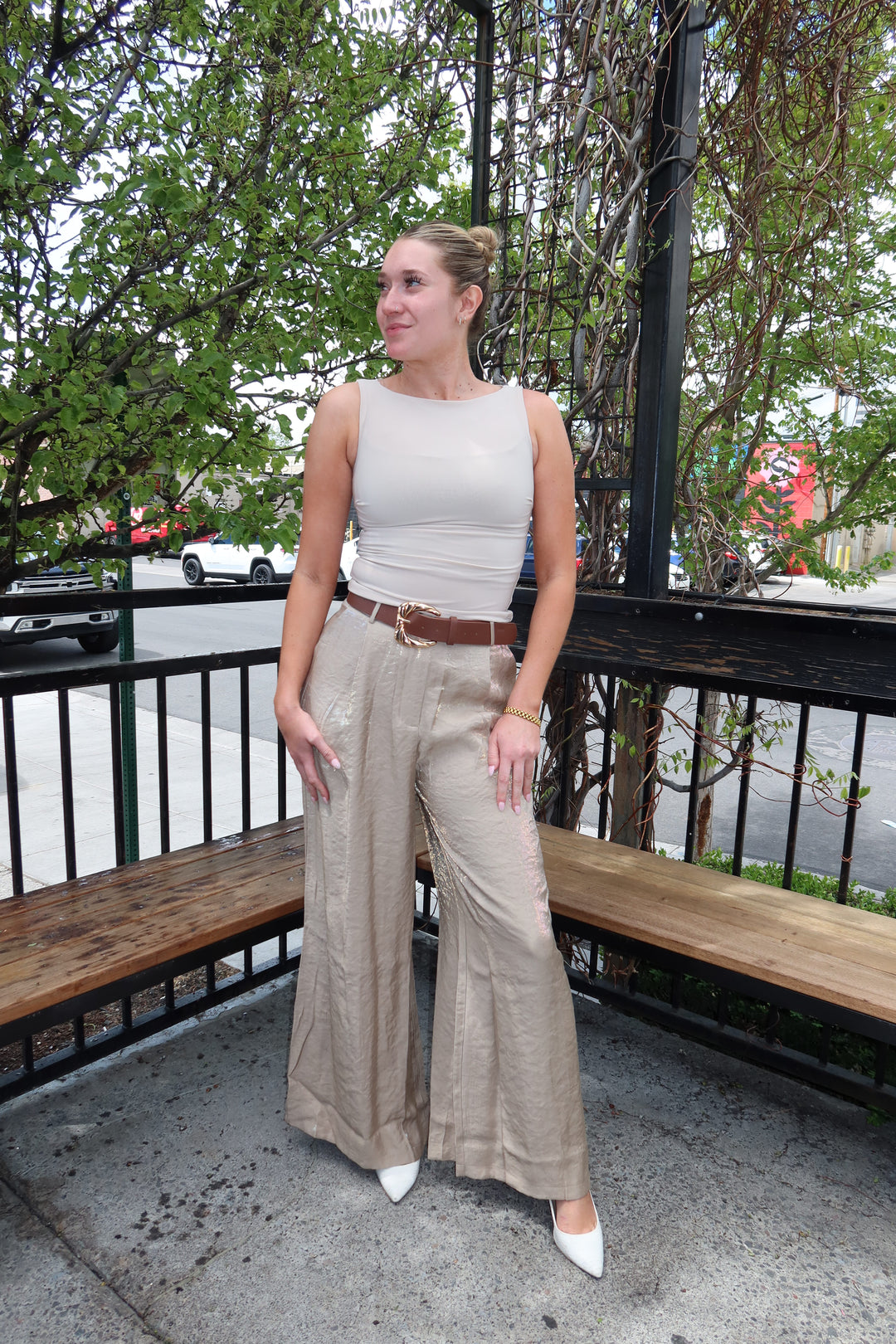 Taupe Satin Pleated Wide-Leg Pants with Belt