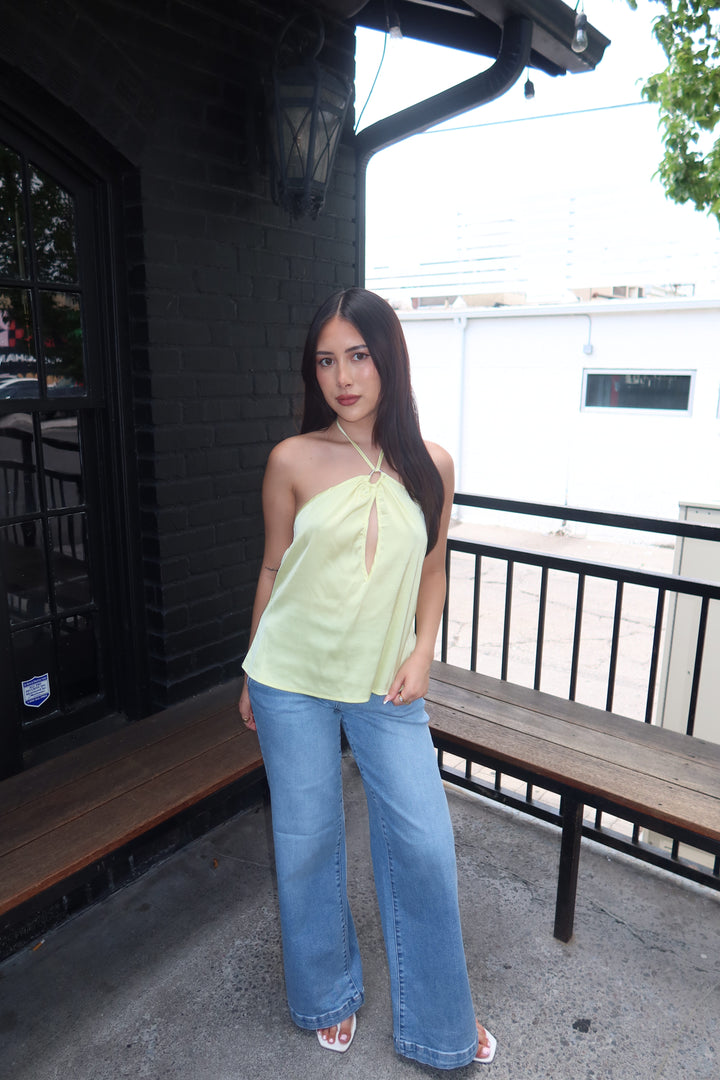 The Zenaye Cut Out Satin Halter Top — Lemon