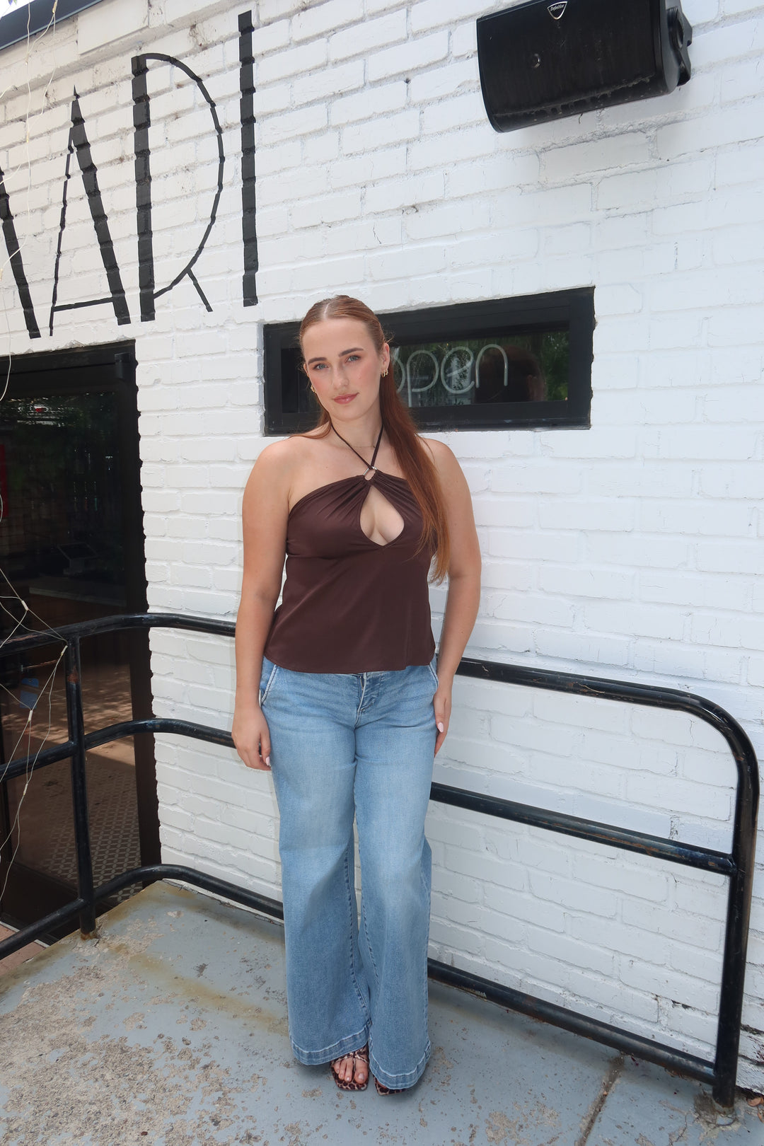 The Zenaye Cut Out Satin Halter Top — Brown