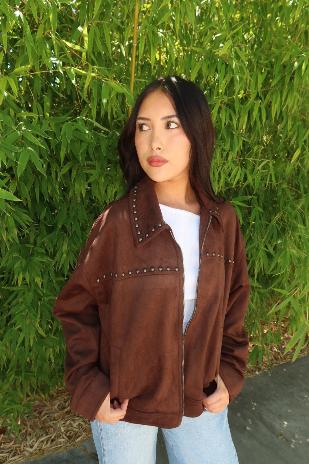 The Suzanee Studded Suede Jacket — Dark Brown
