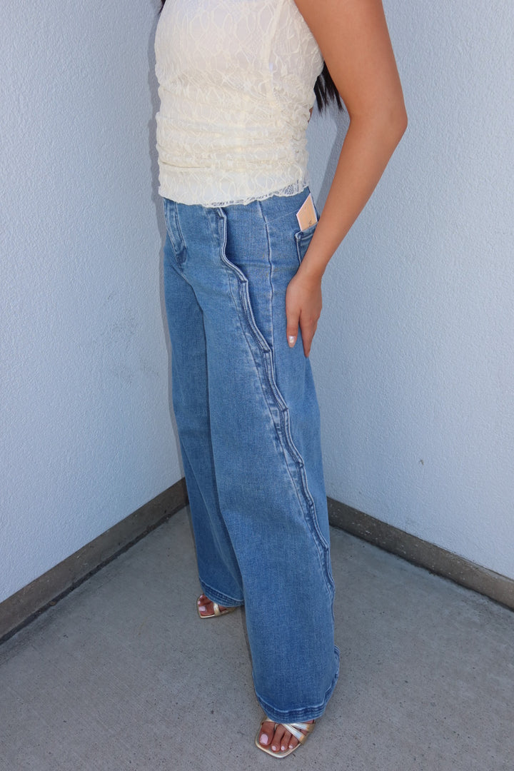 Risen Scalloped High Rise Wide Leg Jean — Medium Wash