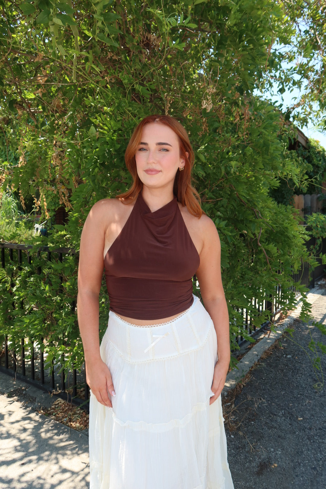 Hazel Halter Cowl Neck Top - Brown