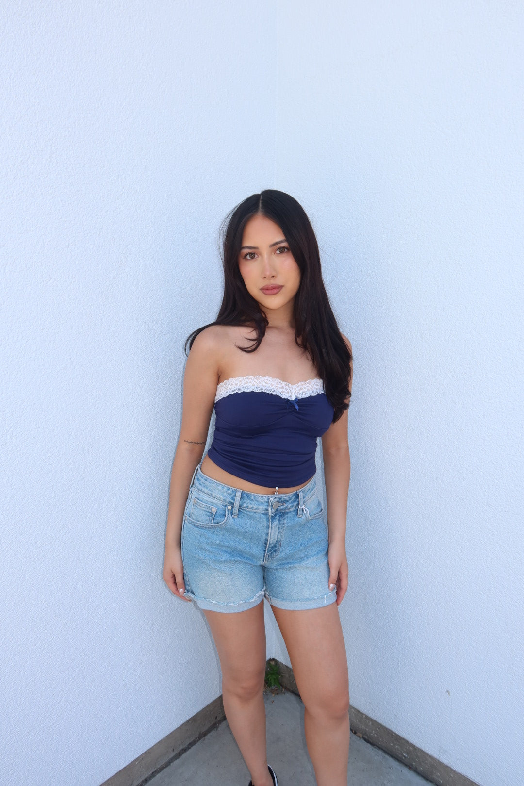 The Claire Strapless Lace Trim Top - Navy