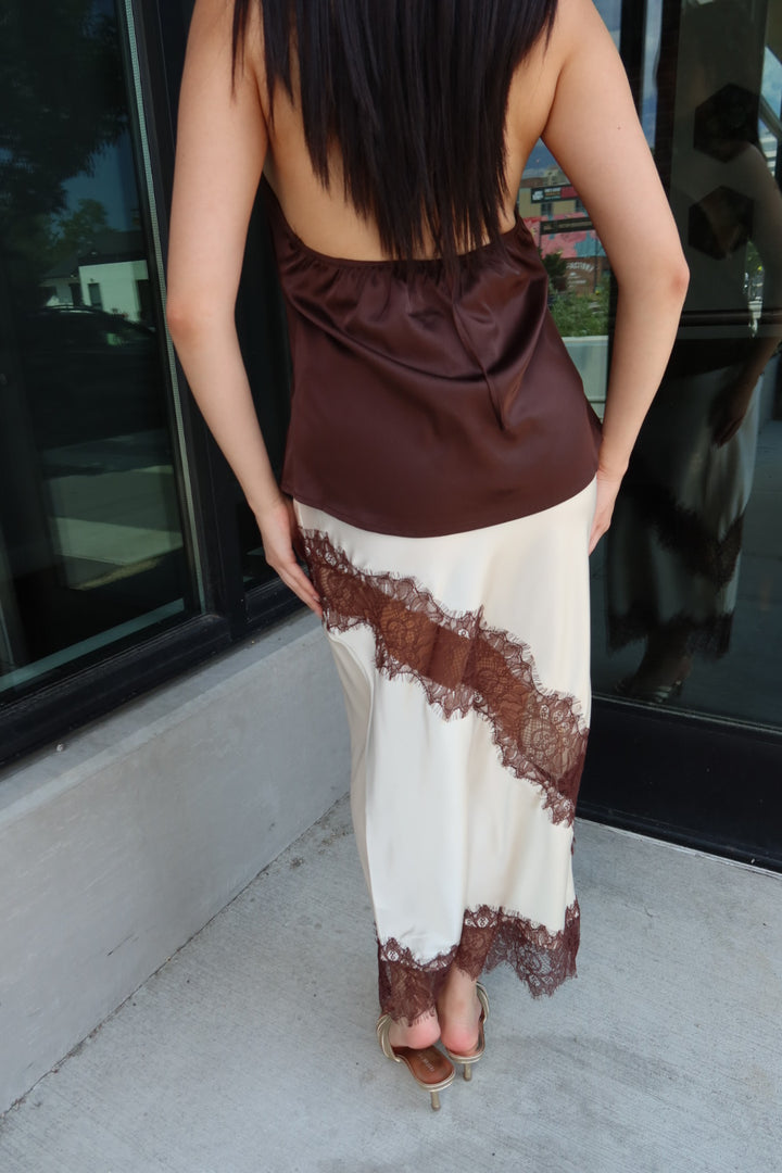 Reynolds Satin Lace Trim Midi Skirt