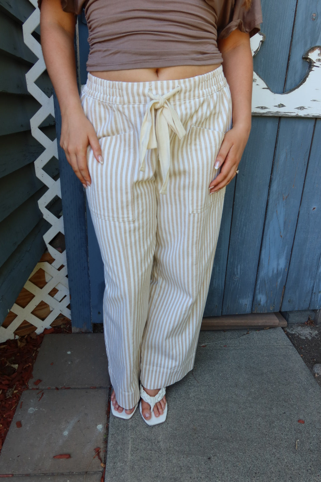 Kozetta Striped Drawstring Pants — Taupe