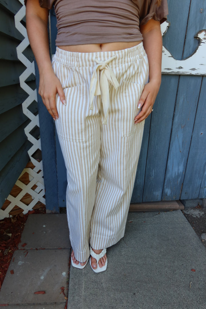 Kozetta Striped Drawstring Pants — Taupe