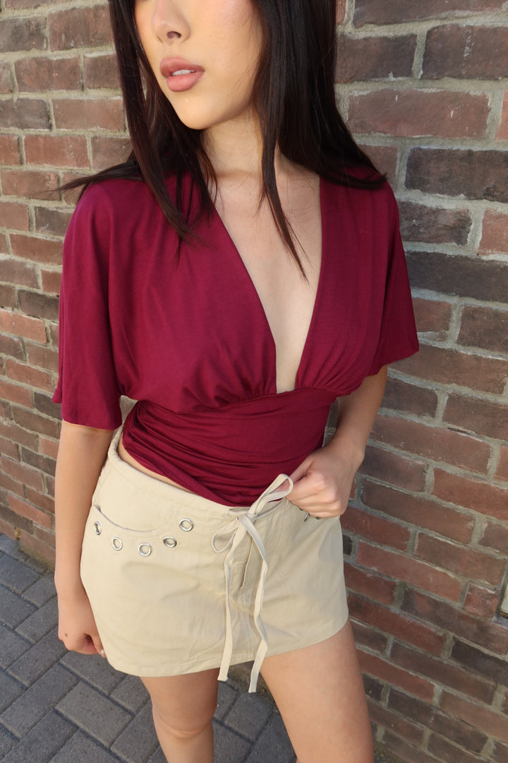 Simone Short Sleeve V-Neck Top — Burgundy
