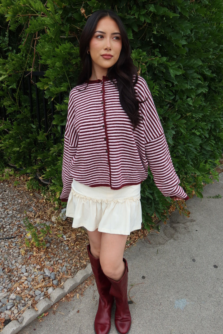 Kiera Striped Long Sleeve Cardigan — Burgundy