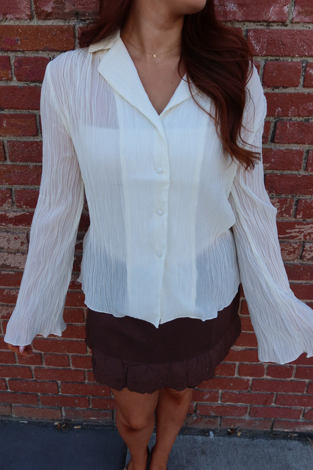 Daily Collared Button Down Plisse Top - Cream