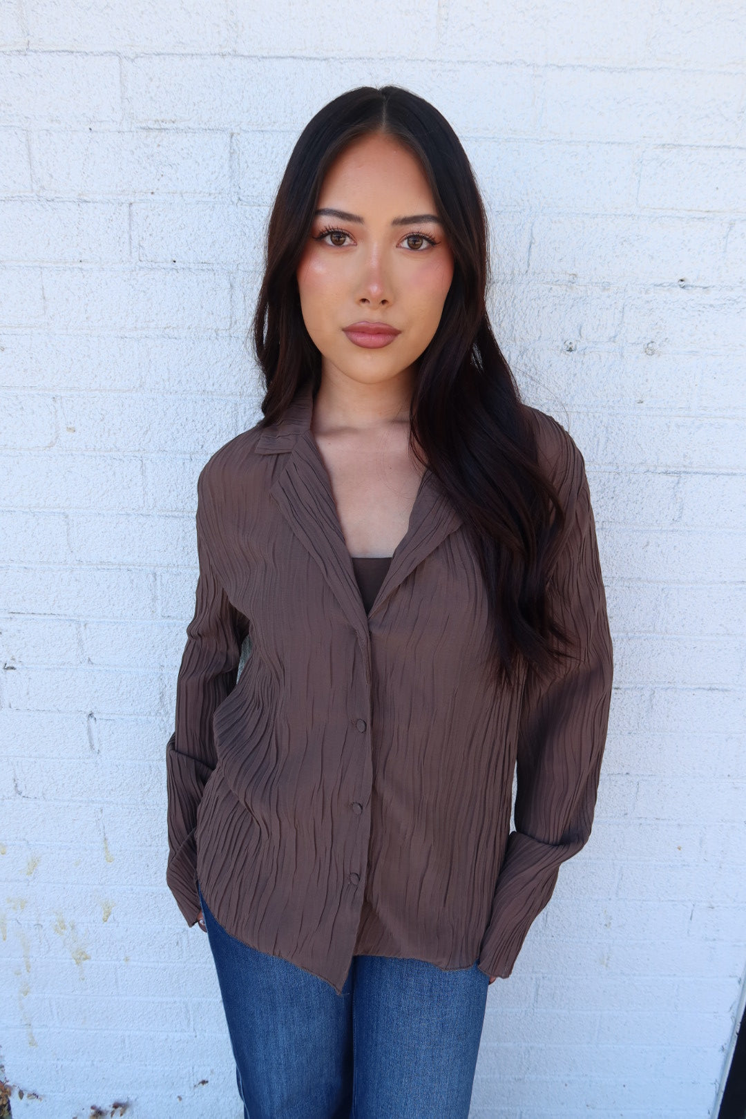 Daily Collared Button Down Plisse Top - Brown
