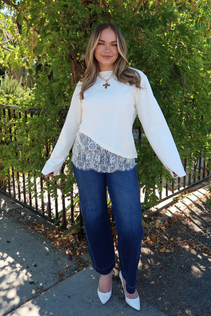 Charlie Asymmetric Lace Trim Top - Cream