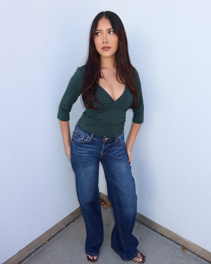 Mia Surplice V-Neck Knit Top - Green