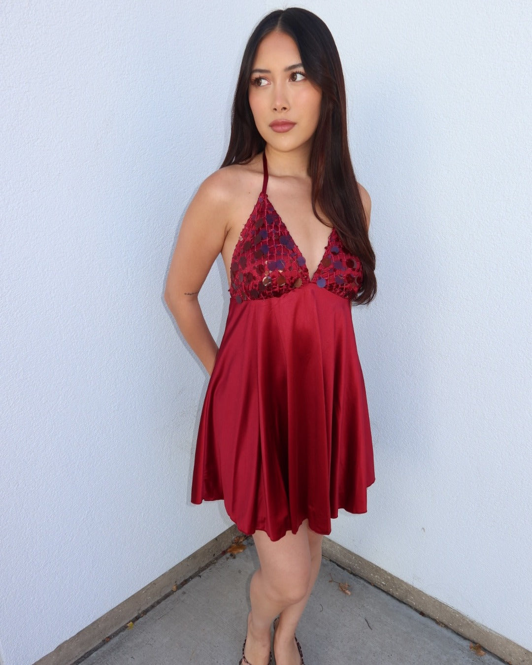 Sylvia Sequin Satin Halter Mini Dress - Burgundy
