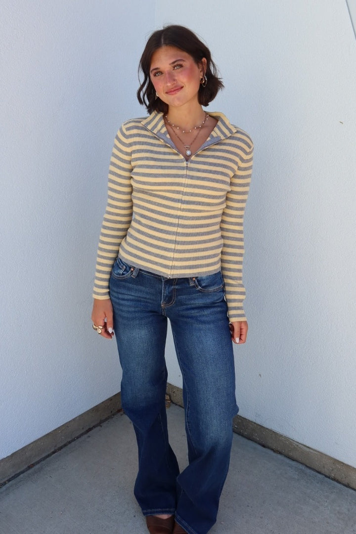 Flinn Striped Funnel Neck Zip-Up Sweater