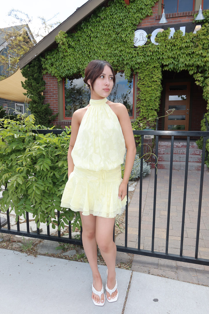 Lemon Floral Embossed Halter Open Back Mini Dress