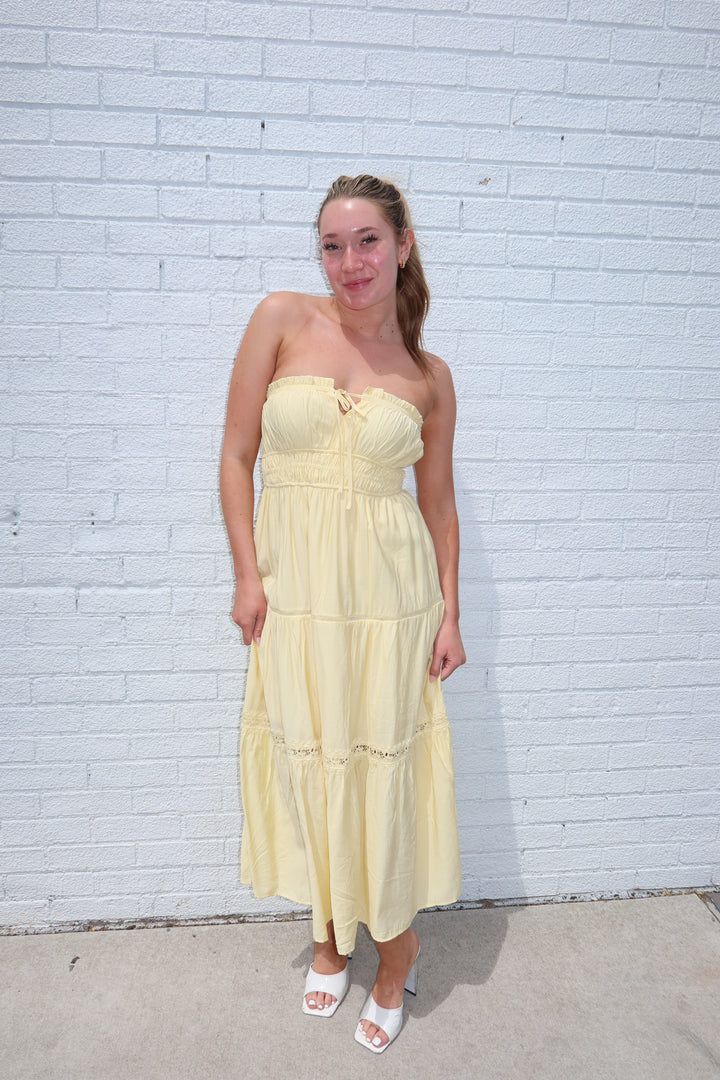 Butter Yellow Strapless Keyhole Tie Tiered Midi Dress