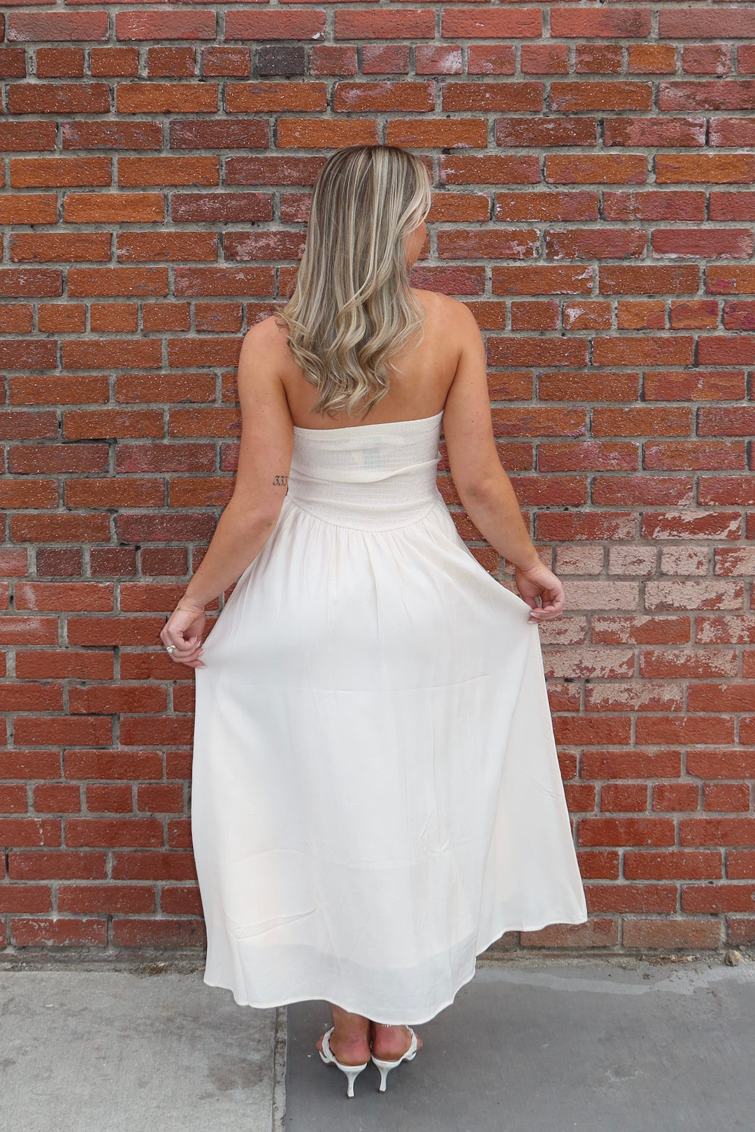 Cream Strapless Lace Trim A-Line Midi Dress