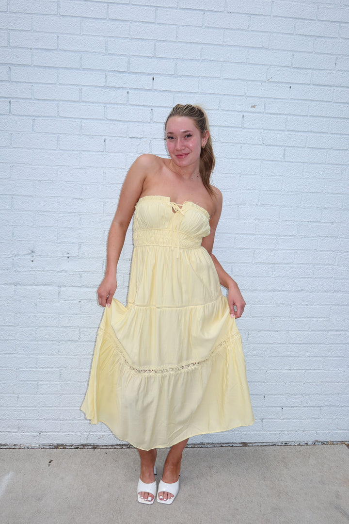 Butter Yellow Strapless Keyhole Tie Tiered Midi Dress