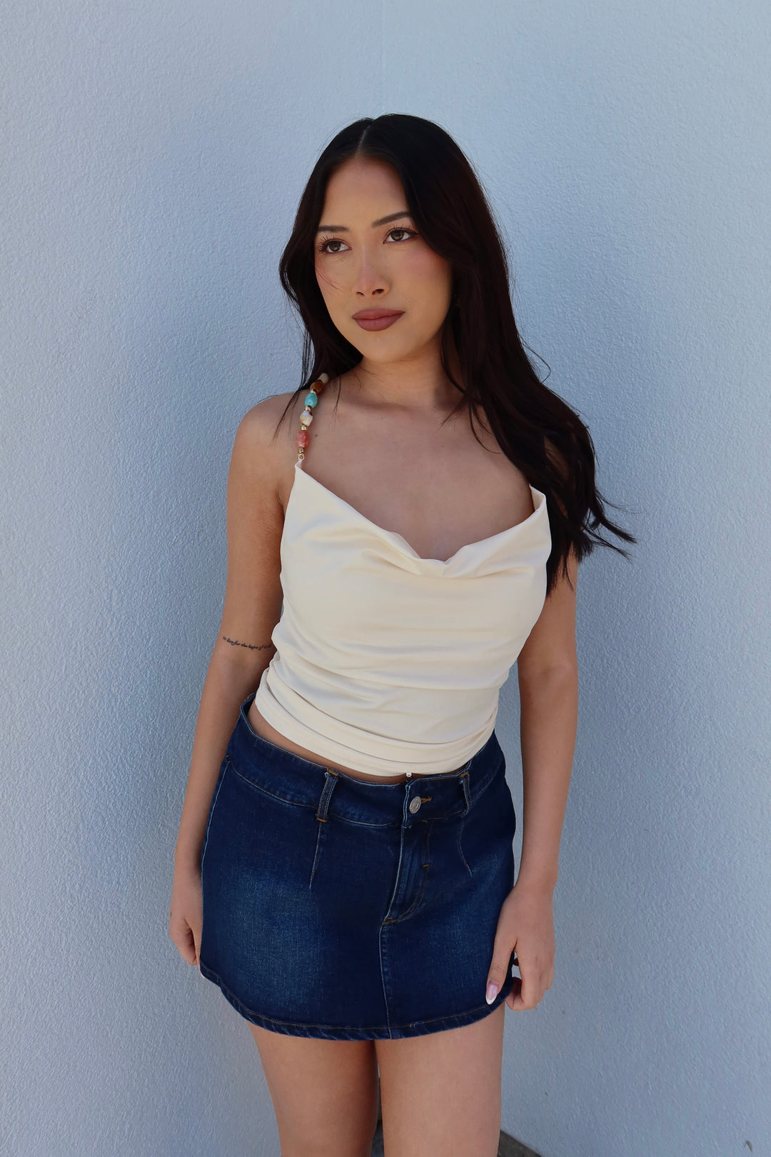 Gem Beaded Strap Cowl Neck Top