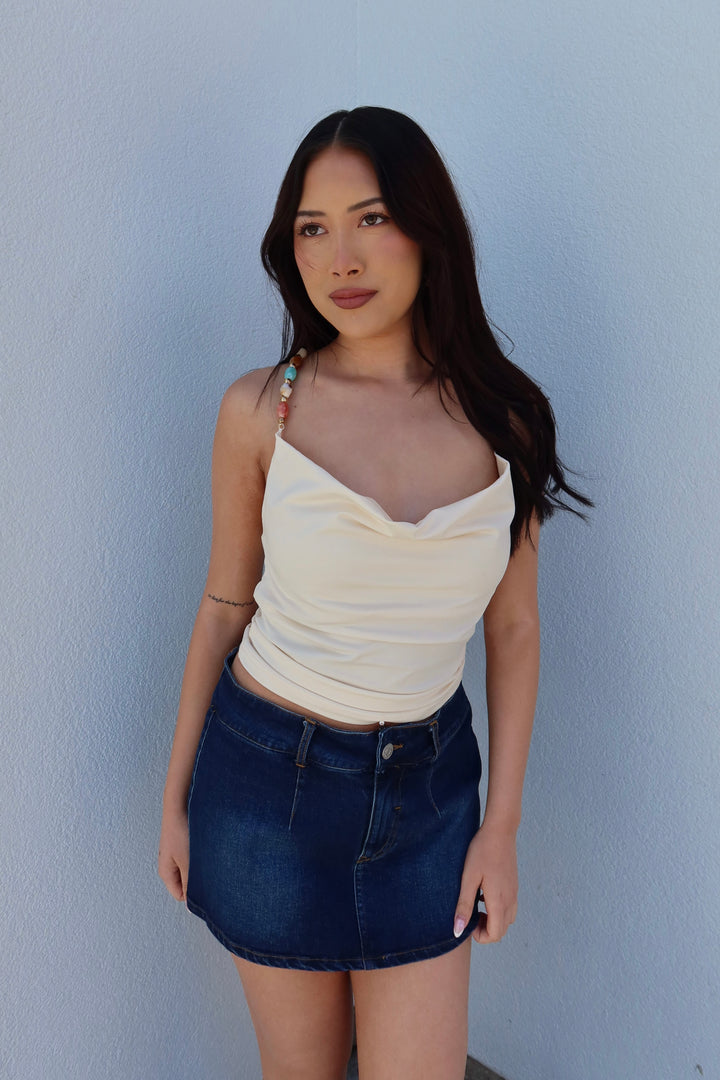 Gem Beaded Strap Cowl Neck Top