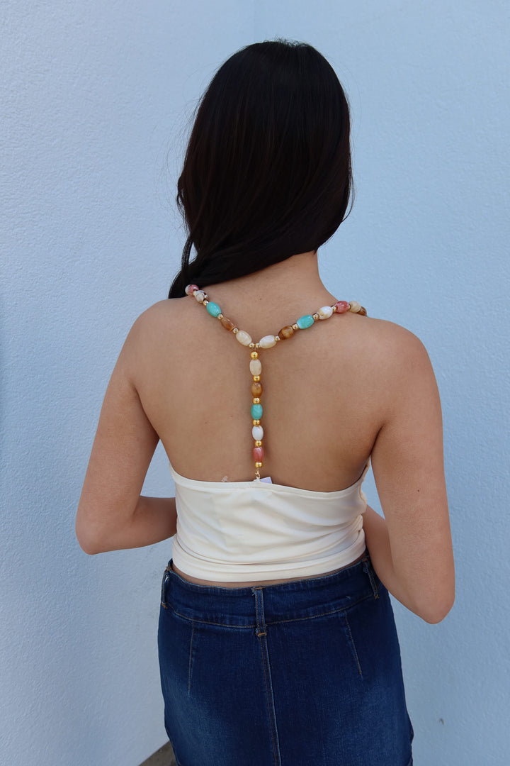 Gem Beaded Strap Cowl Neck Top
