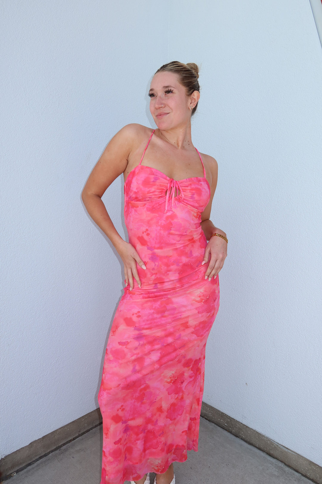 Coral Bloom Ruched Keyhole Mesh Maxi Dress