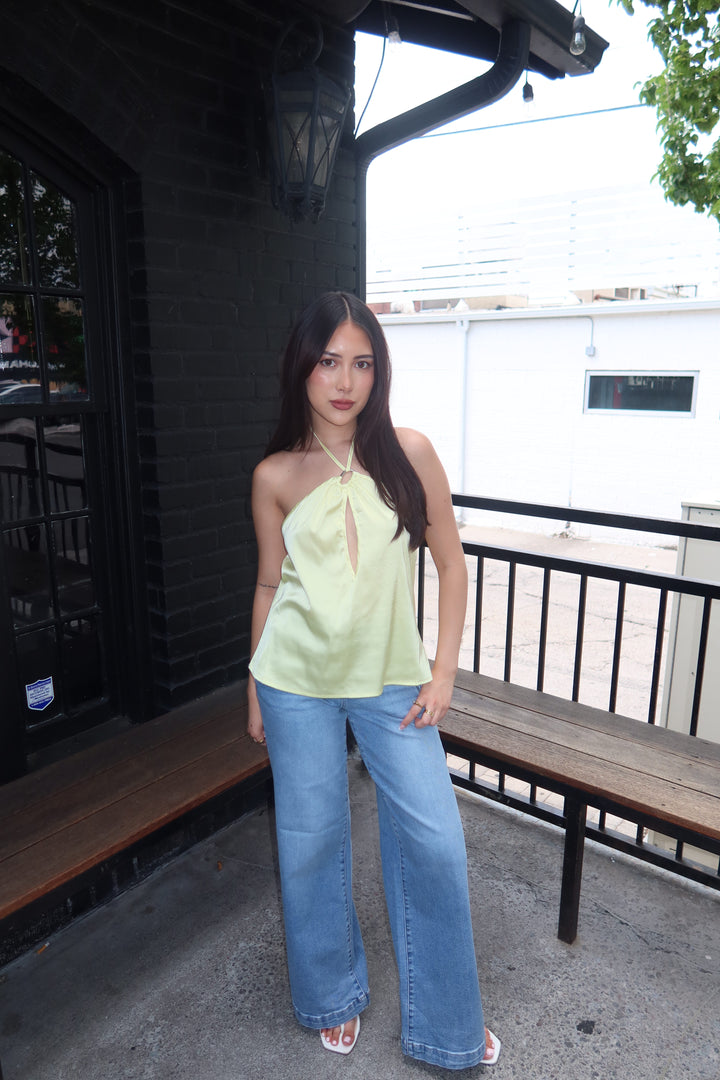The Zenaye Cut Out Satin Halter Top — Lemon