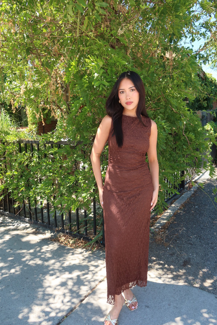 The Lucille Lace Midi Dress — Dark Brown