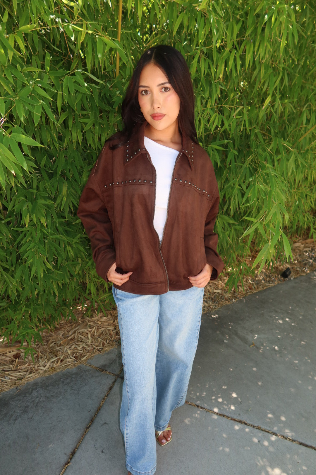 The Suzanee Studded Suede Jacket — Dark Brown