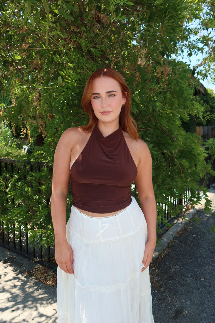 Hazel Halter Cowl Neck Top - Brown