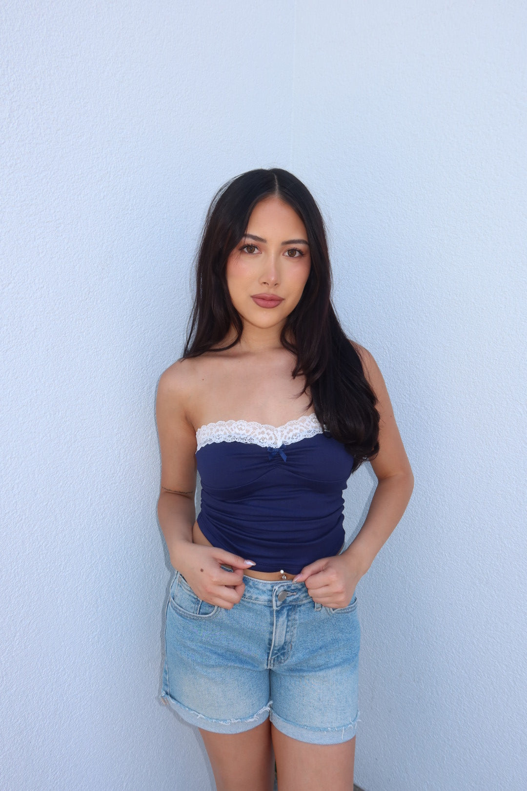 The Claire Strapless Lace Trim Top - Navy