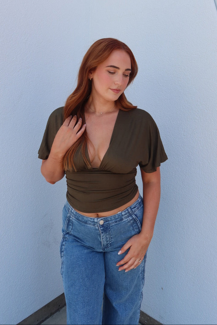 Simone Short Sleeve V-Neck Top - Olive