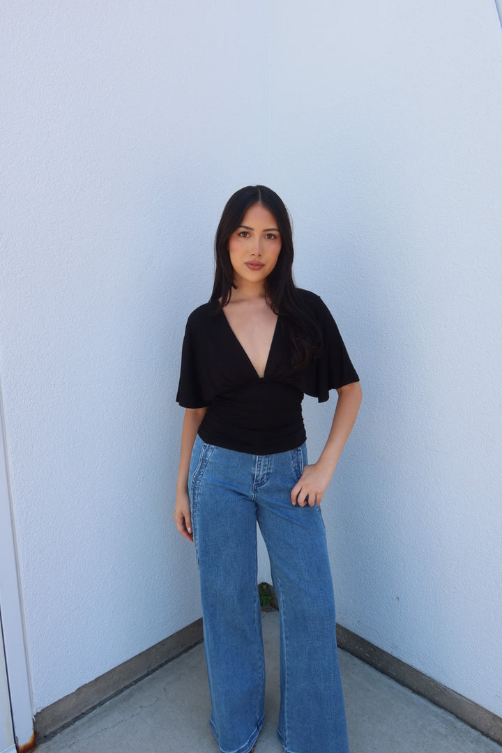 Simone Short Sleeve V-Neck Top - Black