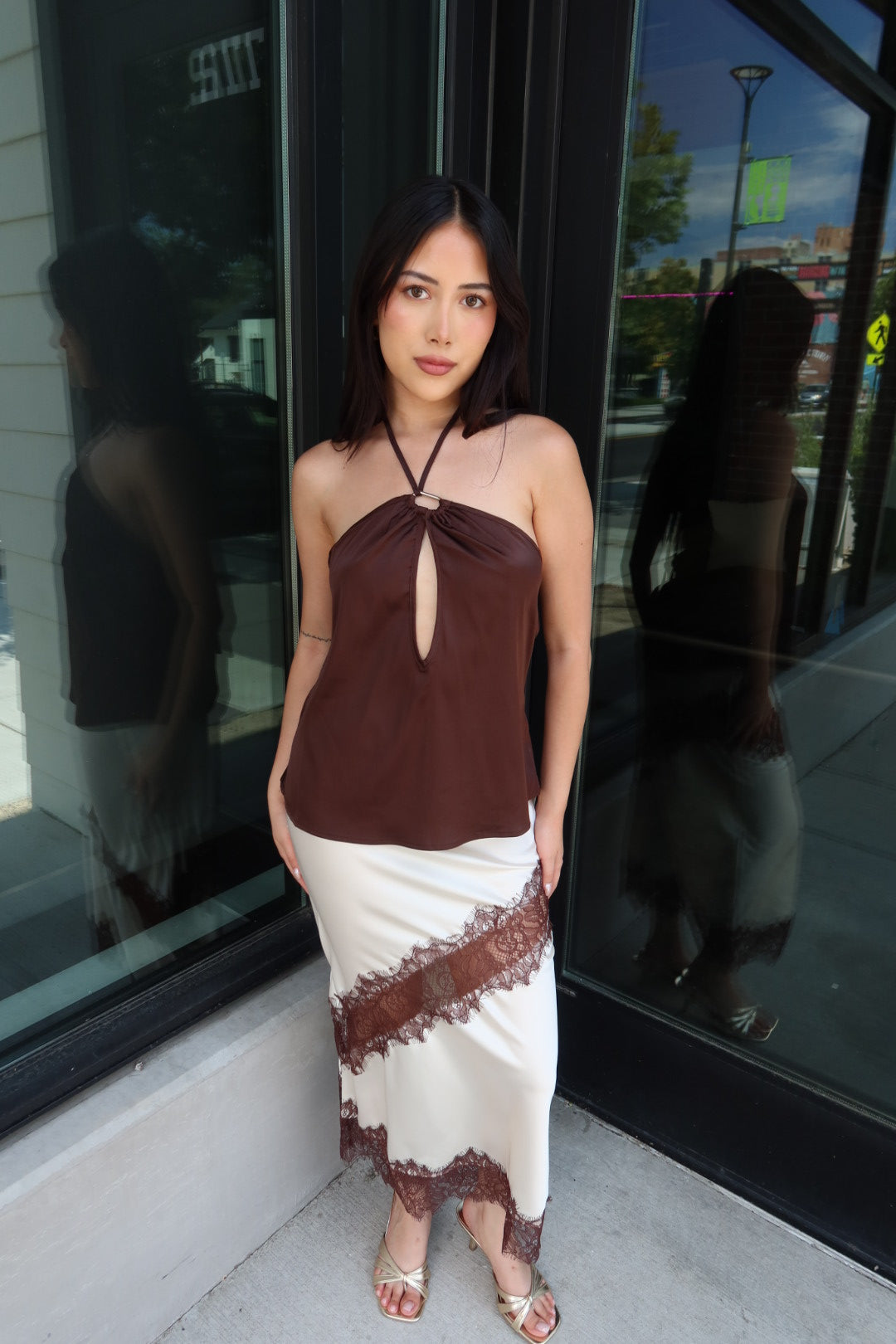 Reynolds Satin Lace Trim Midi Skirt