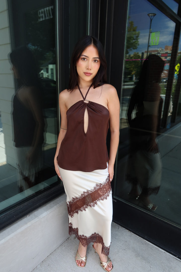 Reynolds Satin Lace Trim Midi Skirt
