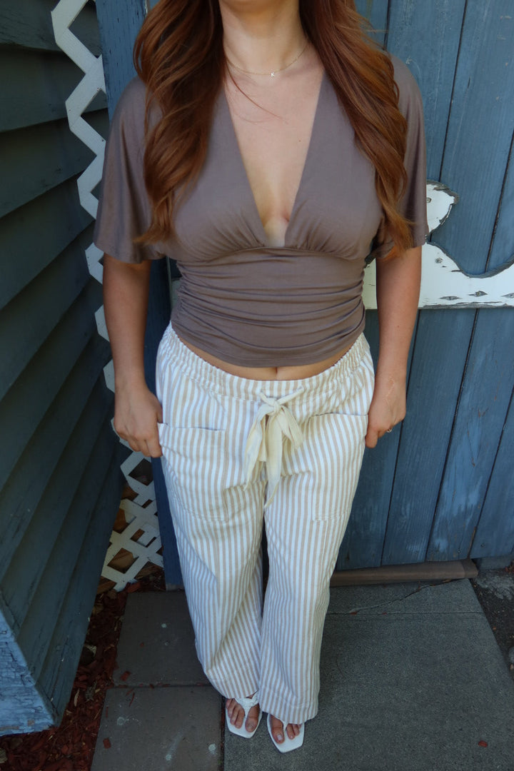 Simone Short Sleeve V-Neck Top — Taupe