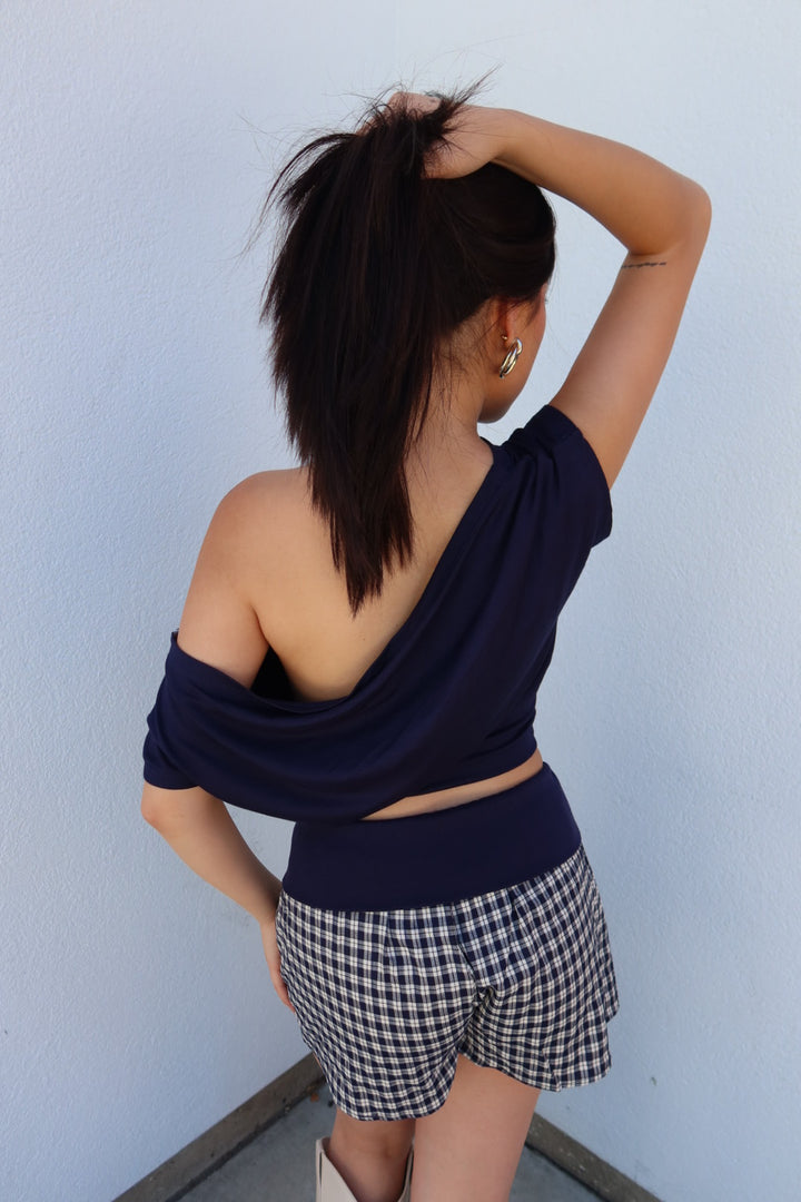 Almeda Asymmetrical Off-Shoulder Top — Navy