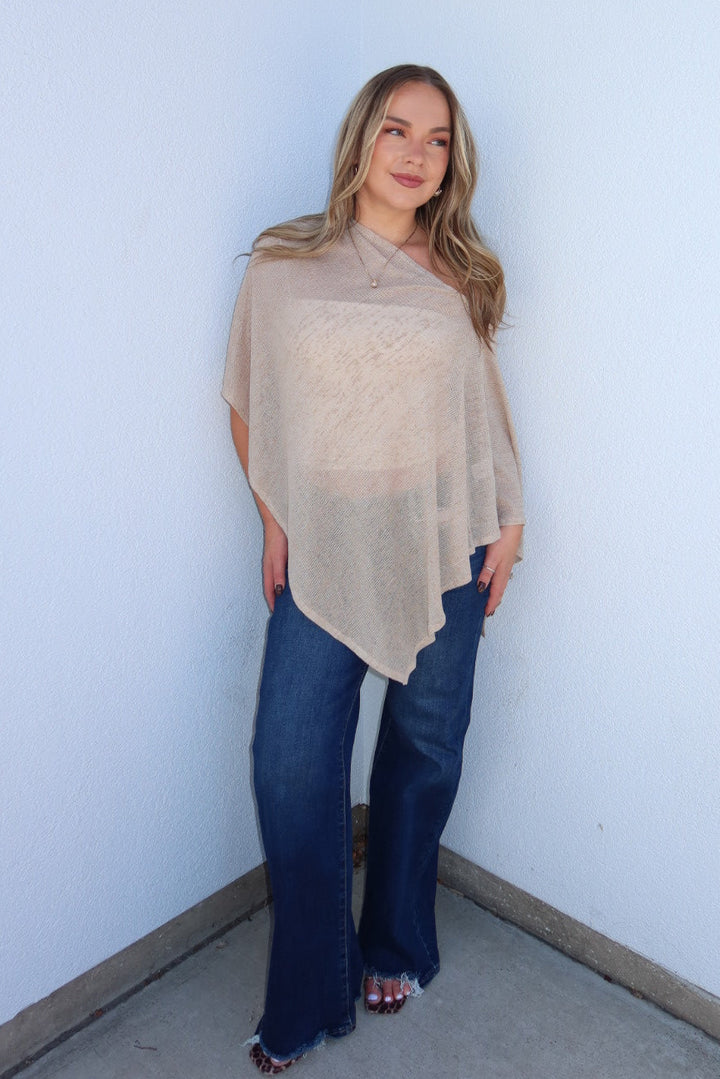 Portofino Sheer Knit Poncho Top - Taupe