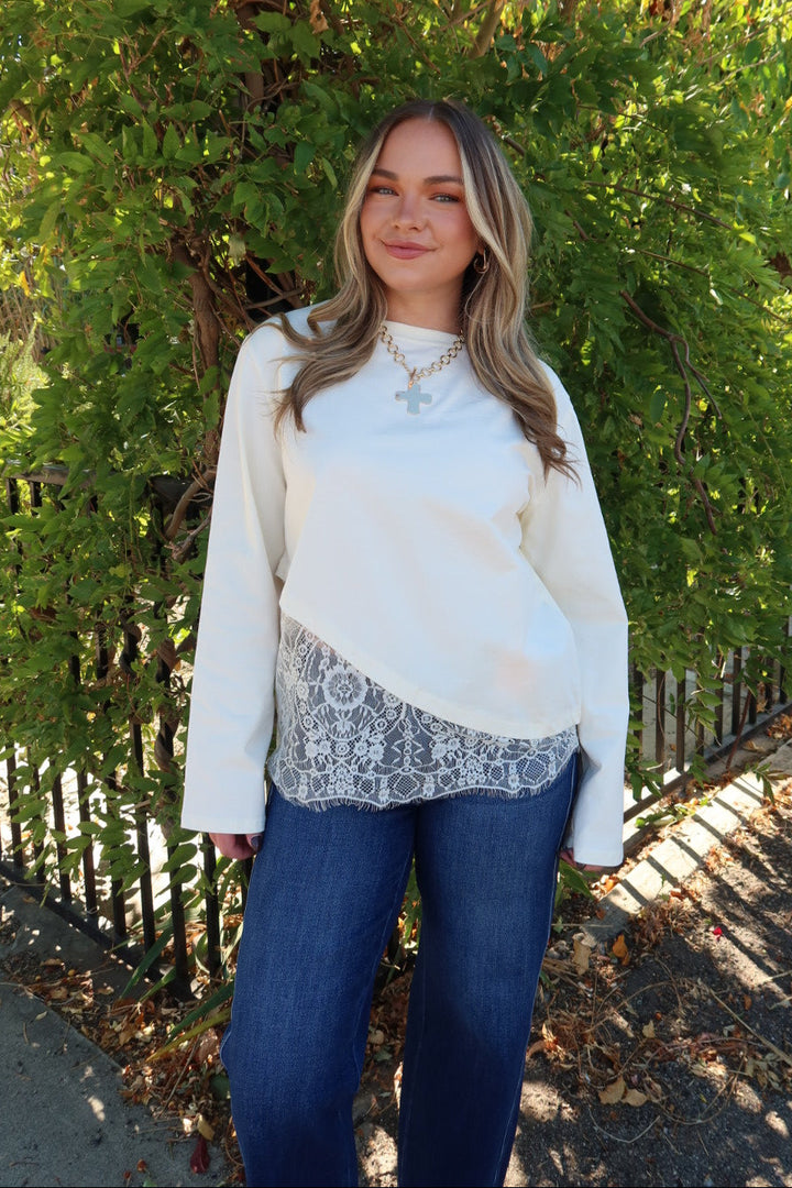 Charlie Asymmetric Lace Trim Top - Cream